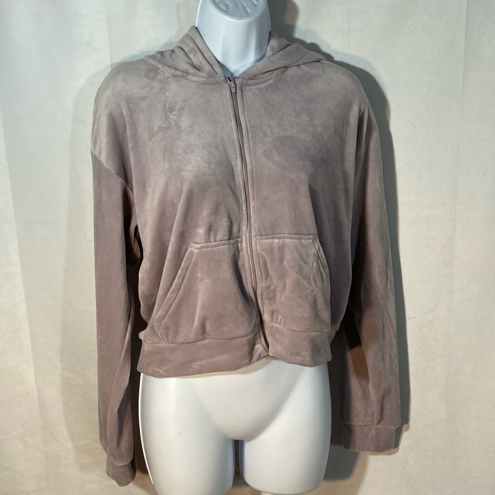17-10 HM purple velour hooded cropped zip up hoodie jacket L